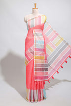 Pink zari checked design linen cotton saree with contrast multi color border and blouse