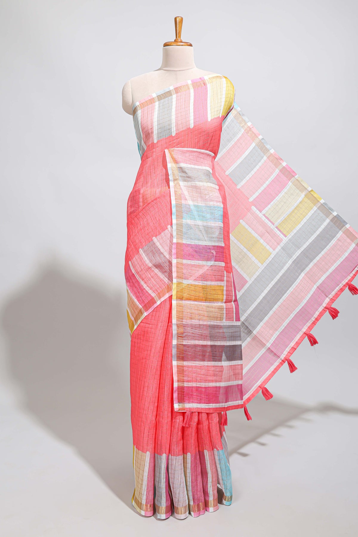 Pink zari checked design linen cotton saree with contrast multi color border and blouse