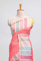Pink zari checked design linen cotton saree with contrast multi color border and blouse