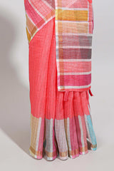 Pink zari checked design linen cotton saree with contrast multi color border and blouse