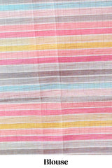 Pink zari checked design linen cotton saree with contrast multi color border and blouse