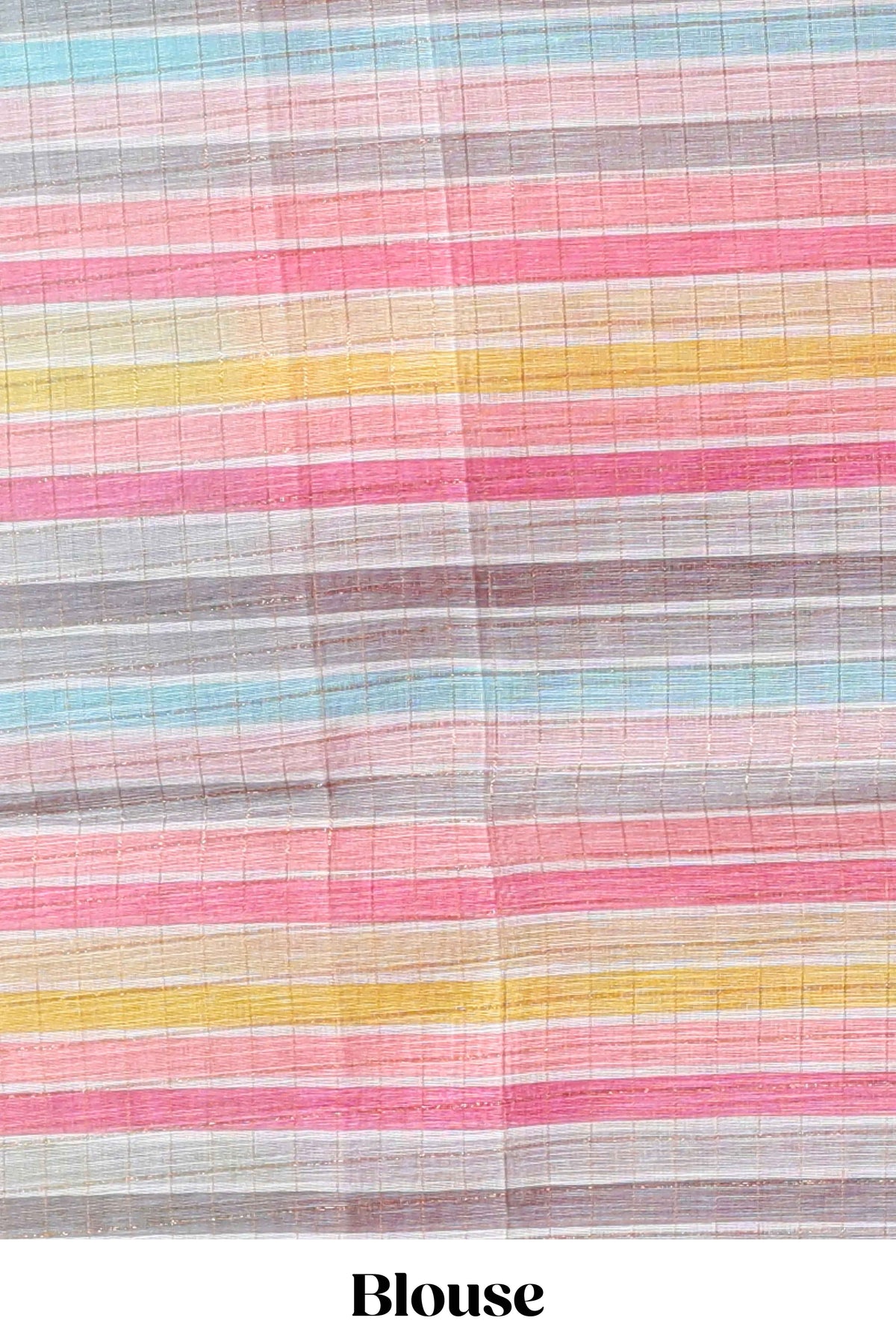 Pink zari checked design linen cotton saree with contrast multi color border and blouse