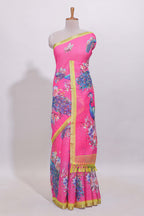 Pink peacock motifs linen cotton saree with contrast border and blouse
