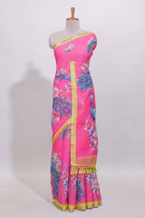 Pink peacock motifs linen cotton saree with contrast border and blouse
