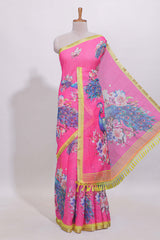 Pink peacock motifs linen cotton saree with contrast border and blouse