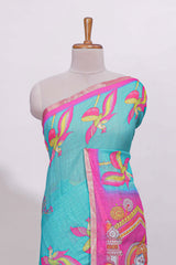 Blue stylized bird motifs linen cotton saree with contrast border and blouse