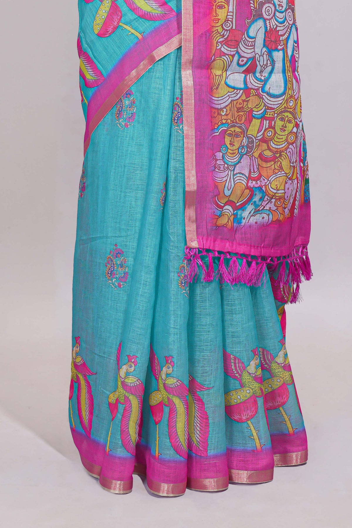 Blue stylized bird motifs linen cotton saree with contrast border and blouse