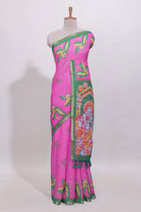 Pink stylized bird motifs linen cotton saree with contrast border and blouse