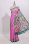 Pink stylized bird motifs linen cotton saree with contrast border and blouse