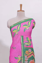 Pink stylized bird motifs linen cotton saree with contrast border and blouse