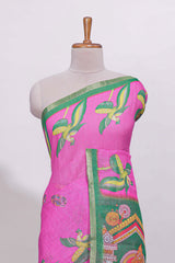 Pink stylized bird motifs linen cotton saree with contrast border and blouse