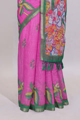 Pink stylized bird motifs linen cotton saree with contrast border and blouse