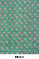 Pink stylized bird motifs linen cotton saree with contrast border and blouse