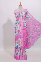 White shade leaf motifs linen cotton saree with contrast border and mathing blouse