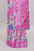 White shade leaf motifs linen cotton saree with contrast border and mathing blouse