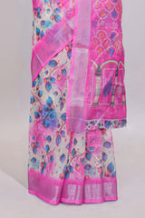 White shade leaf motifs linen cotton saree with contrast border and mathing blouse