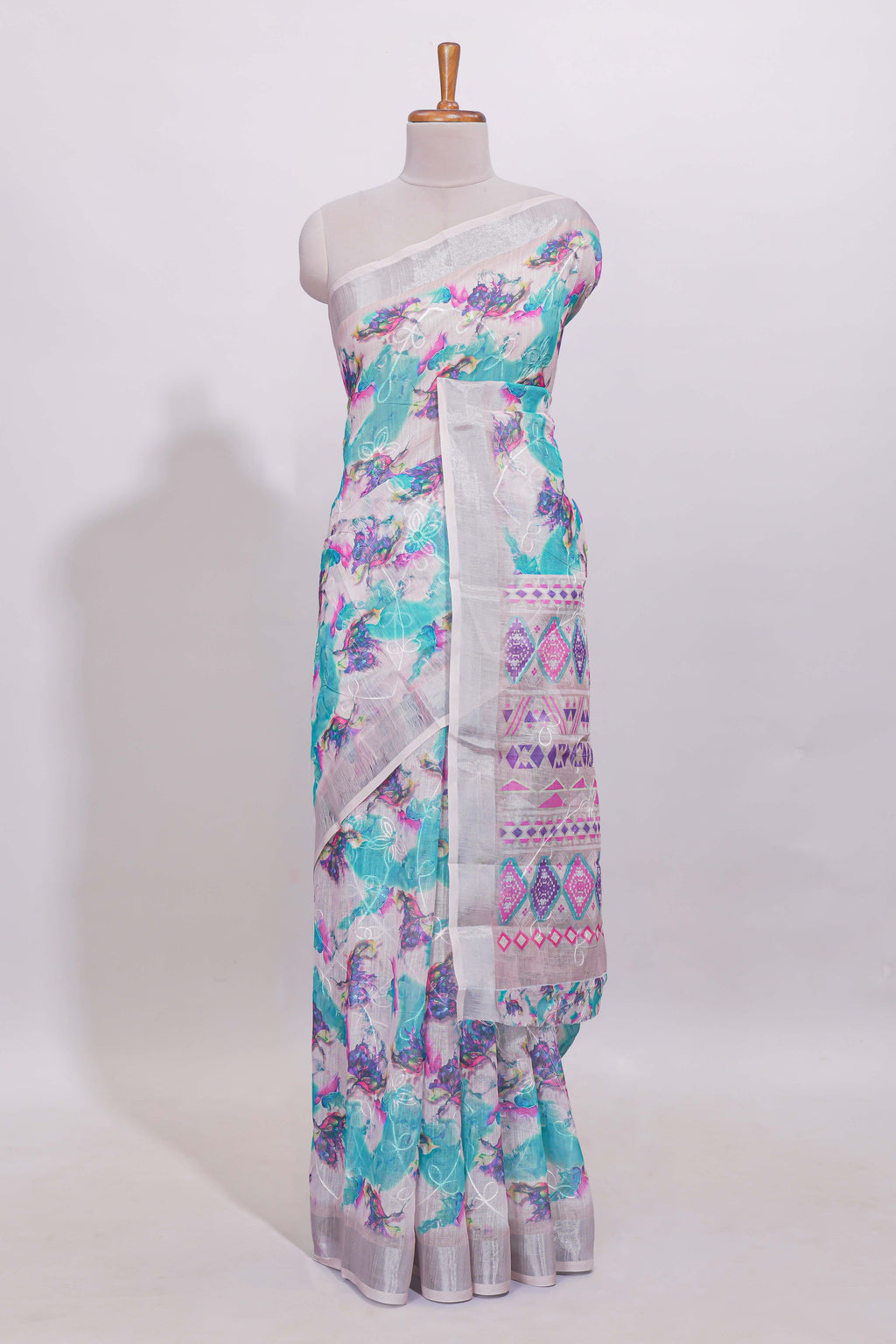 White unique designed linen cotton saree with self zari border and mathing blouse