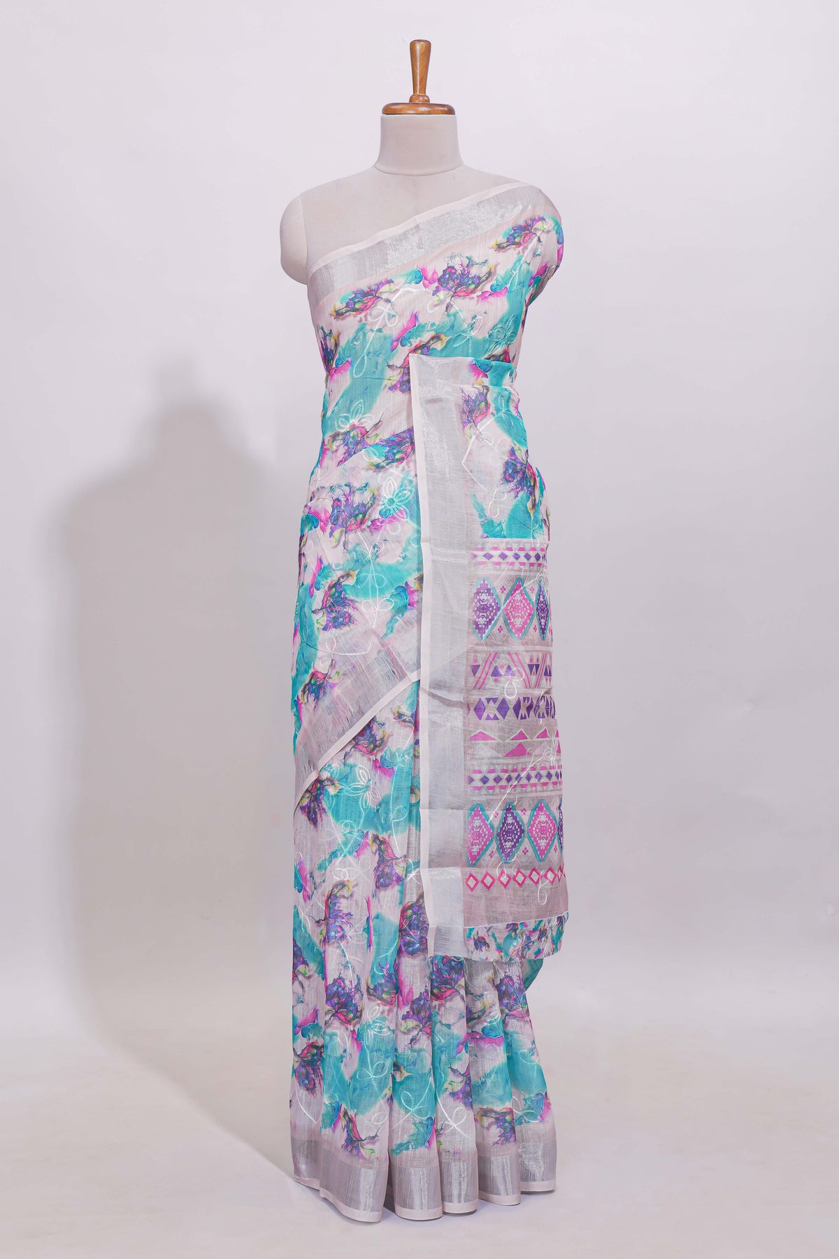 White unique designed linen cotton saree with self zari border and mathing blouse