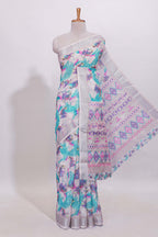 White unique designed linen cotton saree with self zari border and mathing blouse