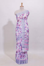 White floral designed linen cotton saree with self zari border and mathing blouse