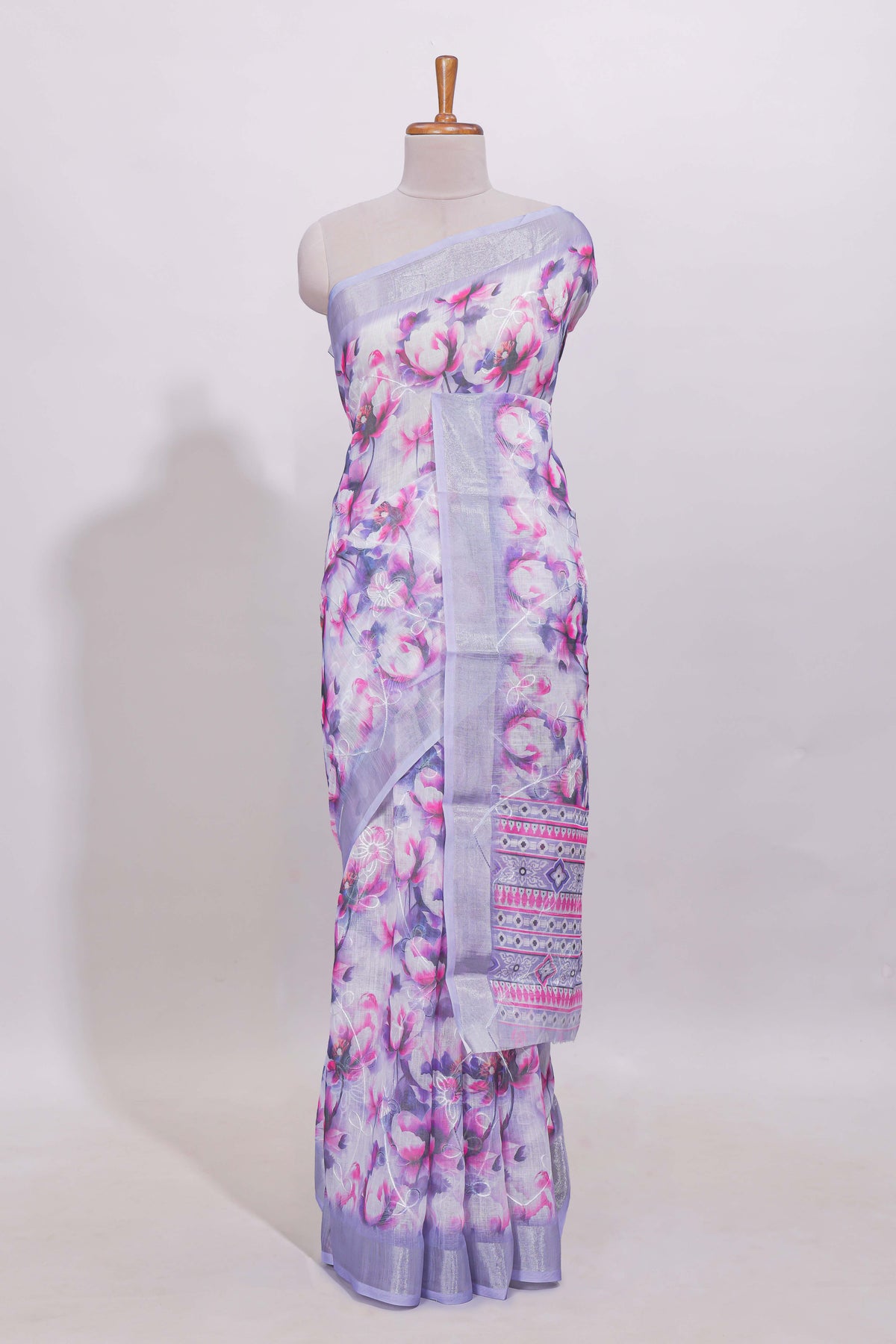 White floral designed linen cotton saree with self zari border and mathing blouse