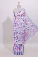 White floral designed linen cotton saree with self zari border and mathing blouse