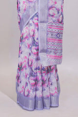 White floral designed linen cotton saree with self zari border and mathing blouse