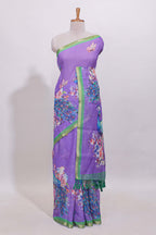 Purple peacock motifs linen cotton saree with contrast border and blouse