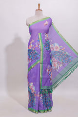 Purple peacock motifs linen cotton saree with contrast border and blouse