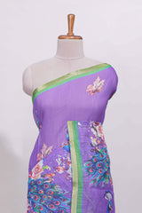 Purple peacock motifs linen cotton saree with contrast border and blouse
