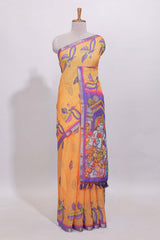 Yellow stylized bird motifs linen cotton saree with contrast border and blouse