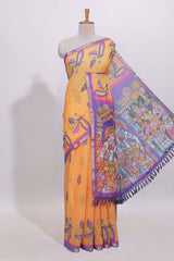 Yellow stylized bird motifs linen cotton saree with contrast border and blouse