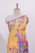 Yellow stylized bird motifs linen cotton saree with contrast border and blouse