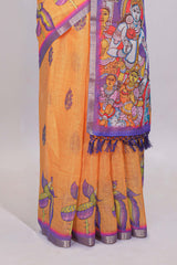 Yellow stylized bird motifs linen cotton saree with contrast border and blouse