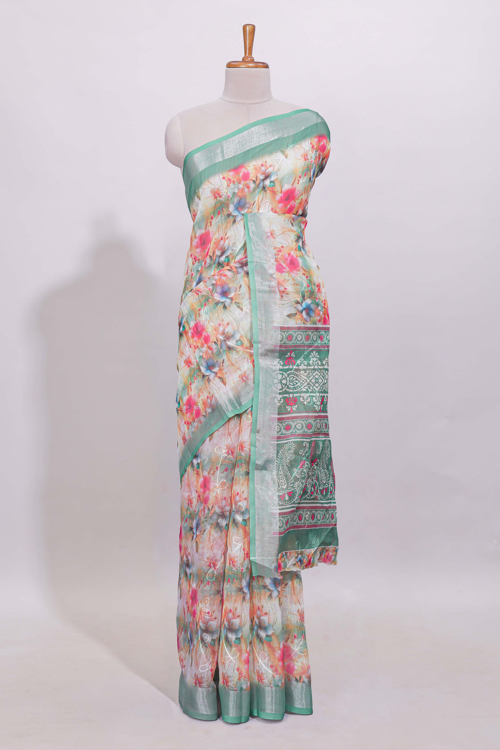 Multicolor floral designed linen cotton saree with contrast zari border and matching blouse
