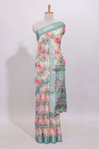 Multicolor floral designed linen cotton saree with contrast zari border and matching blouse