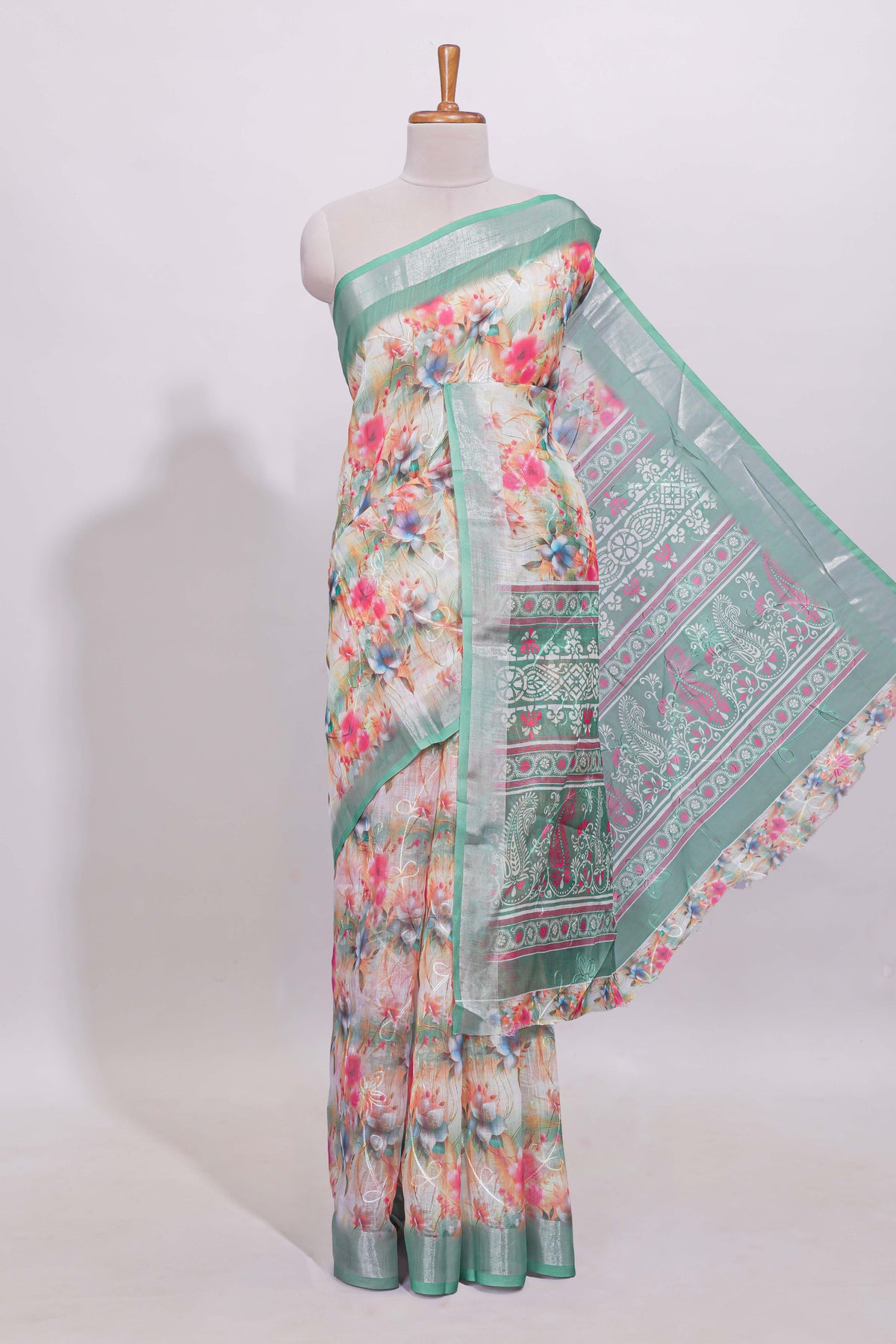 Multicolor floral designed linen cotton saree with contrast zari border and matching blouse