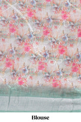 Multicolor floral designed linen cotton saree with contrast zari border and matching blouse