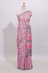 Dusty pink floral designed linen cotton saree with contrast border and matching blouse