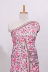 Dusty pink floral designed linen cotton saree with contrast border and matching blouse