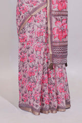 Dusty pink floral designed linen cotton saree with contrast border and matching blouse