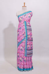 Pink floral designed linen cotton saree with contrast border and matching blouse
