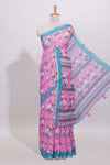 Pink floral designed linen cotton saree with contrast border and matching blouse