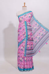 Pink floral designed linen cotton saree with contrast border and matching blouse