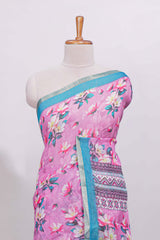 Pink floral designed linen cotton saree with contrast border and matching blouse