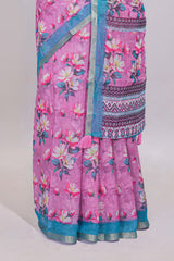 Pink floral designed linen cotton saree with contrast border and matching blouse