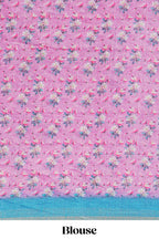 Pink floral designed linen cotton saree with contrast border and matching blouse