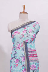 Blue floral designed linen cotton saree with contrast border and matching blouse