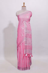 Pink butta designed linen cotton saree with self border and matching blouse