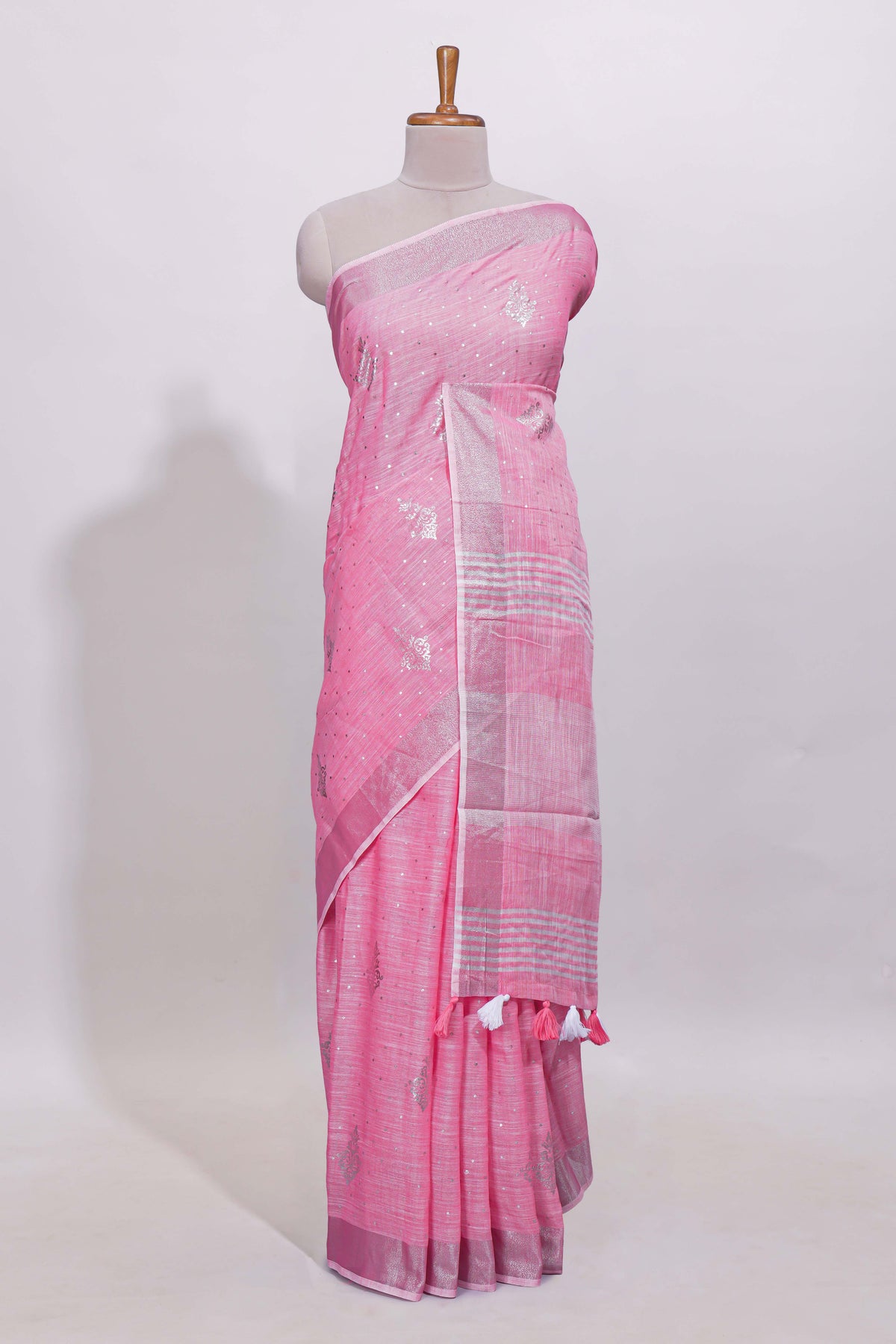 Pink butta designed linen cotton saree with self border and matching blouse